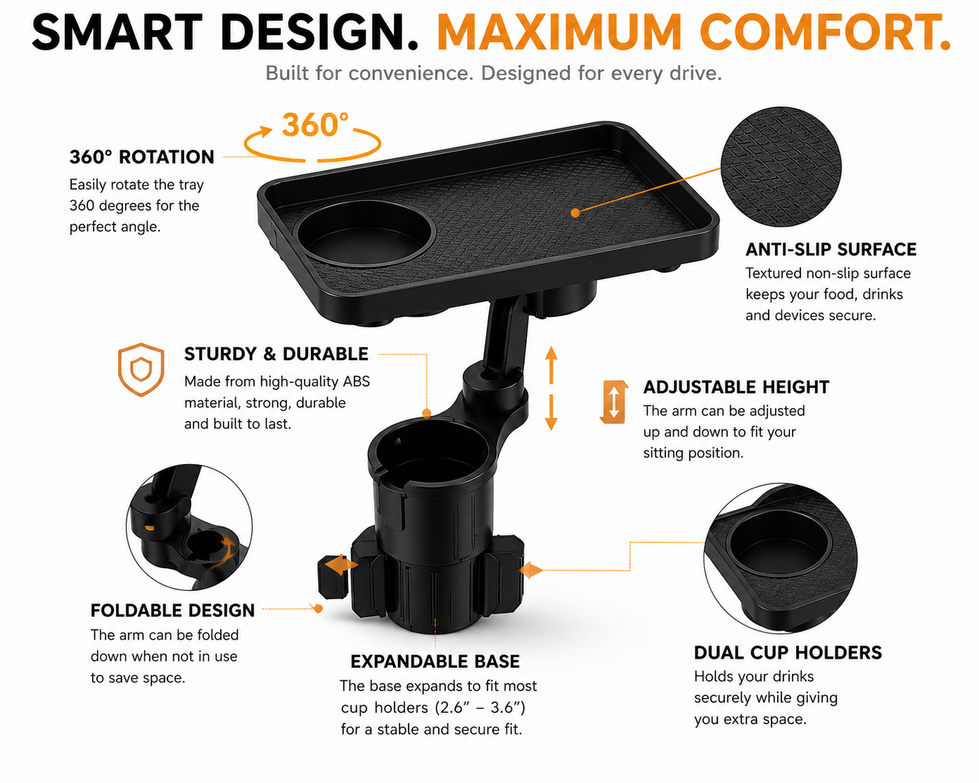 360° Adjustable Car Cup Holder Tray